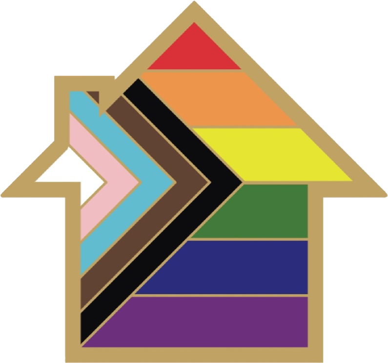 A house shaped icon with the LGBTQ+ Progress Flag inside